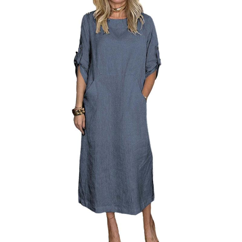 Women's Cotton and Linen Solid Color Loose Dresses