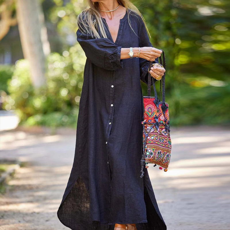Women's Minimalist Cotton Linen V-neck Long Dress
