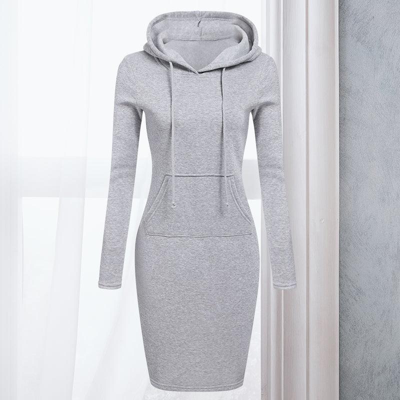 Women Stripes Pocket Knee Length Slim Casual Pullover Hoodie Dress