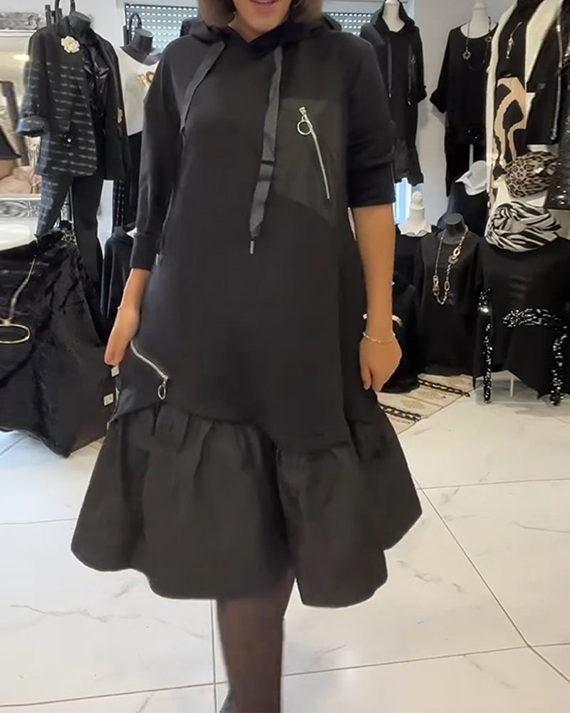 Ruffled patchwork hooded sweatshirt dress
