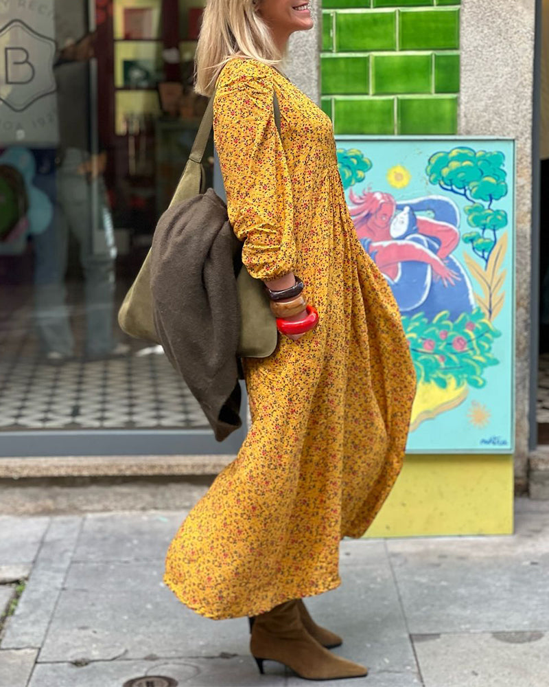 V-Neck Long-Sleeved Floral Dress