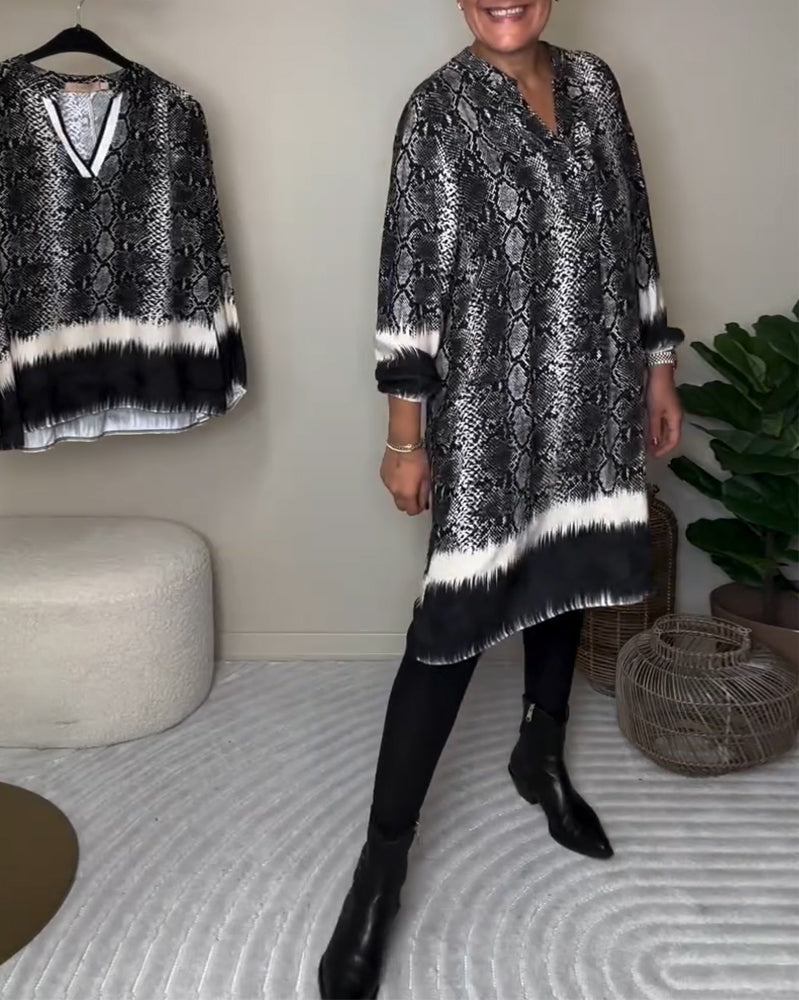 V-Neck Snake Print Color Block Dress