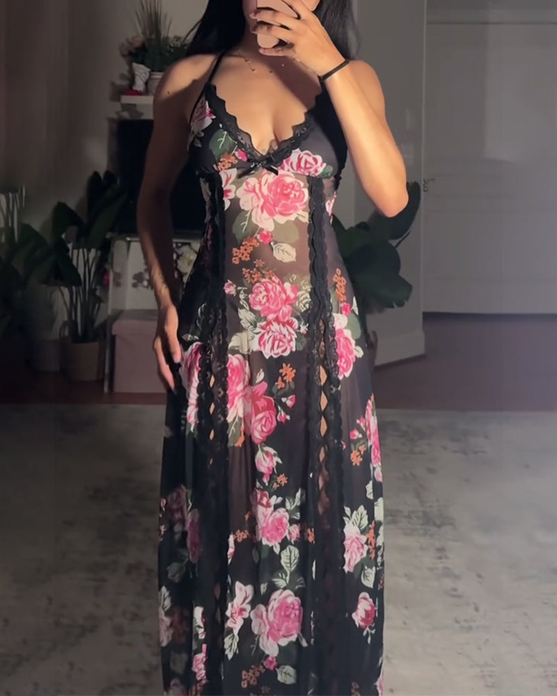 Sexy lace rose print slit dress
