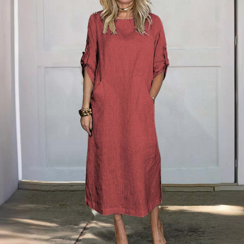 Women's Cotton and Linen Solid Color Loose Dresses