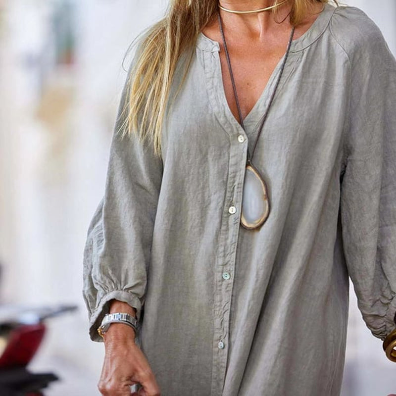 Women's Minimalist Cotton Linen V-neck Long Dress