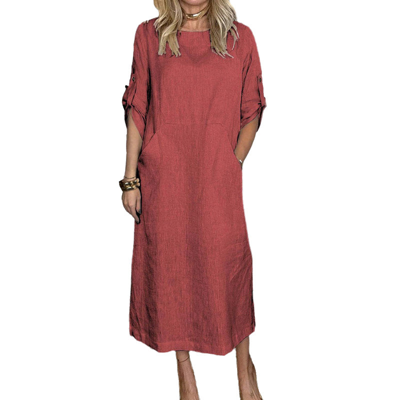 Women's Cotton and Linen Solid Color Loose Dresses