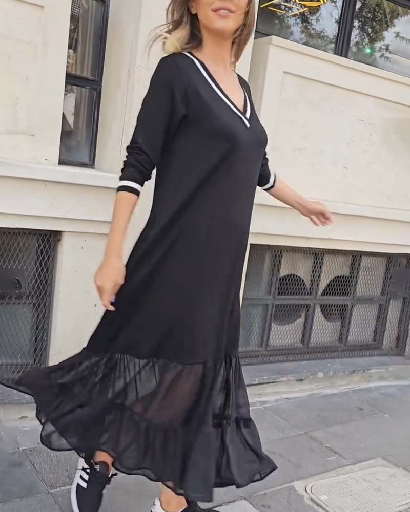 V-Neck Long-Sleeved Mesh Patchwork Dress