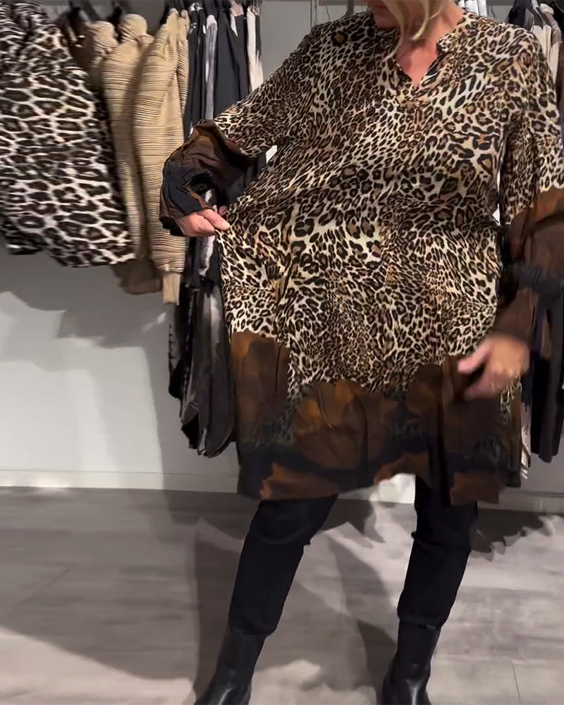 Stand Collar Leopard Print Colorblock Dress
