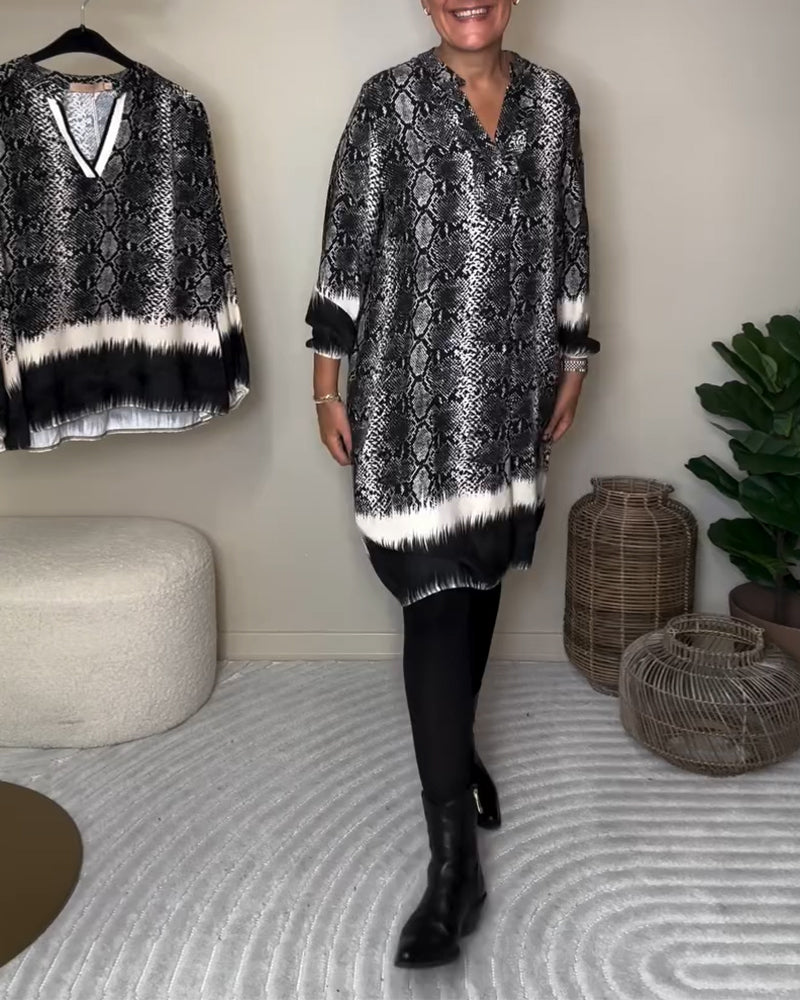V-Neck Snake Print Color Block Dress