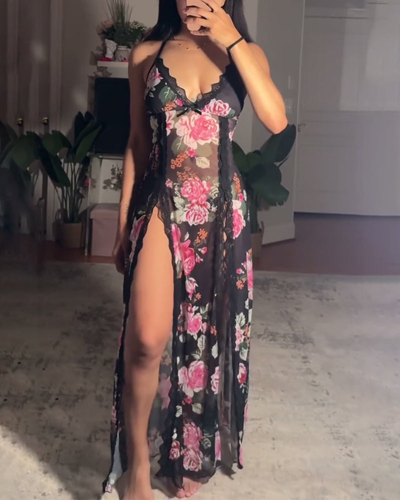 Sexy lace rose print slit dress