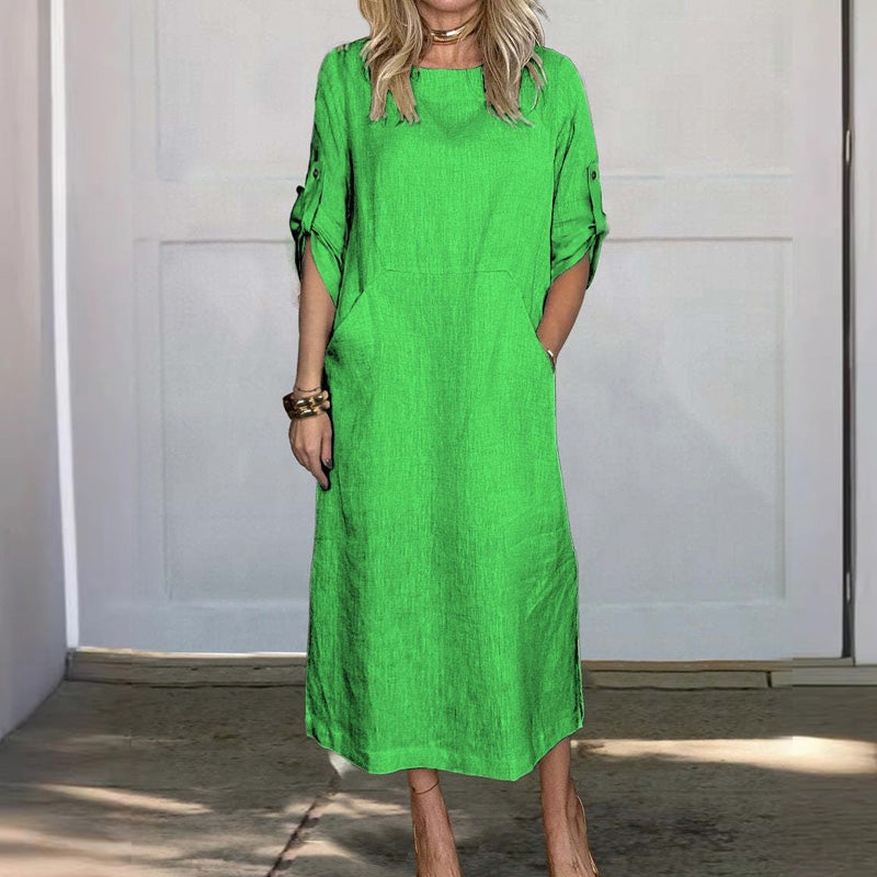 Women's Cotton and Linen Solid Color Loose Dresses
