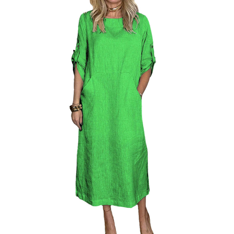 Women's Cotton and Linen Solid Color Loose Dresses