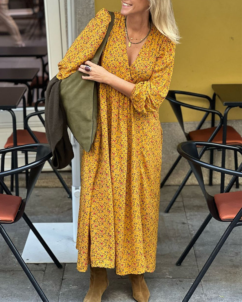 V-Neck Long-Sleeved Floral Dress