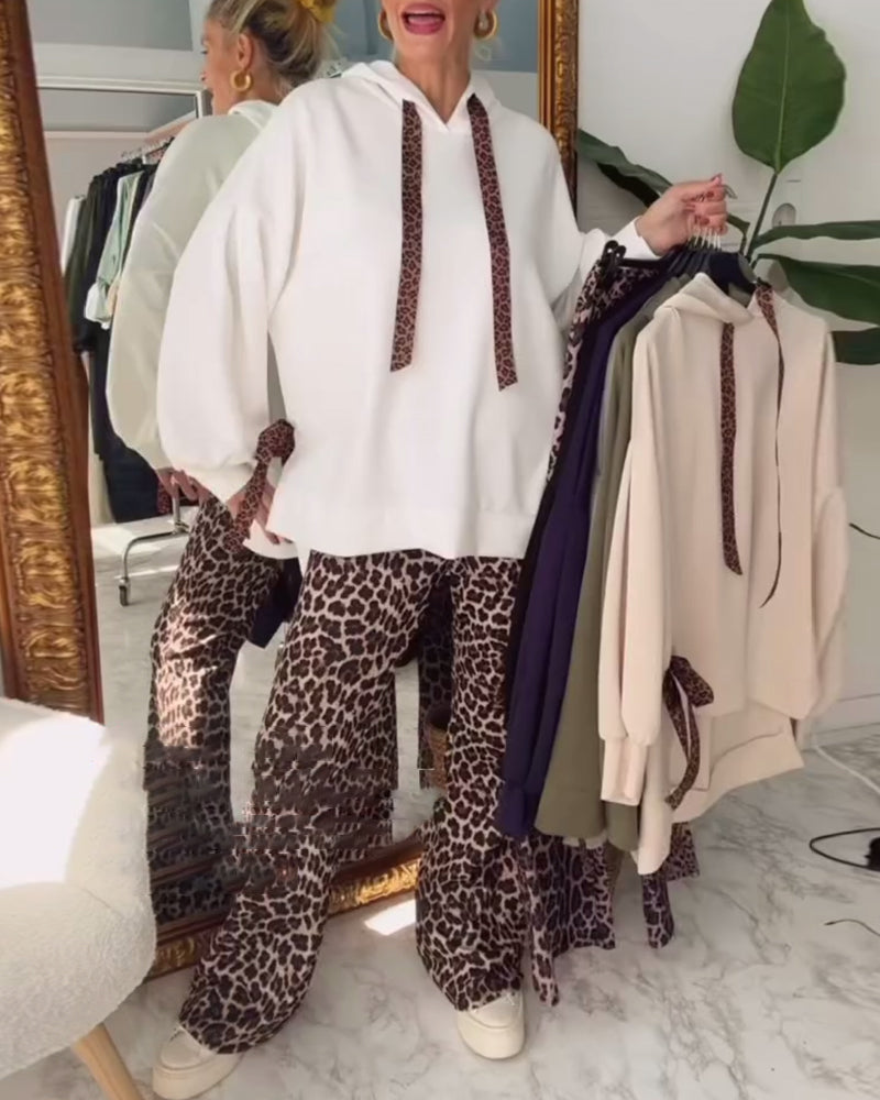 Casual Hooded Leopard Print Sweatshirt Set