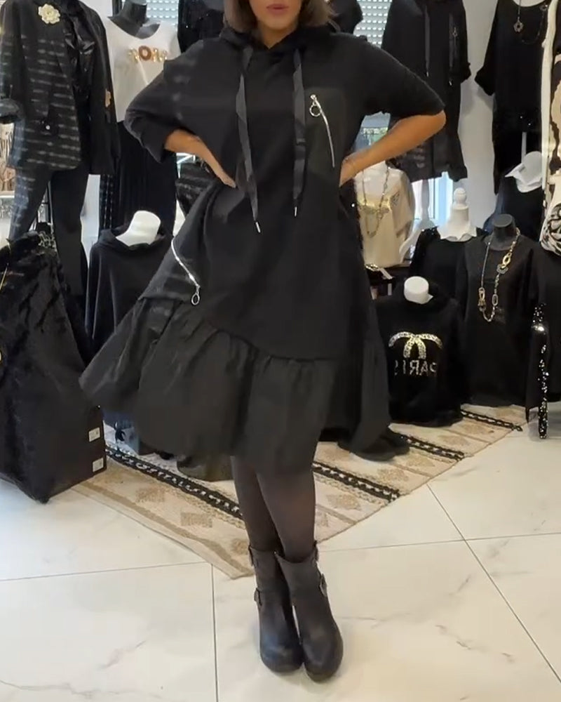 Ruffled patchwork hooded sweatshirt dress