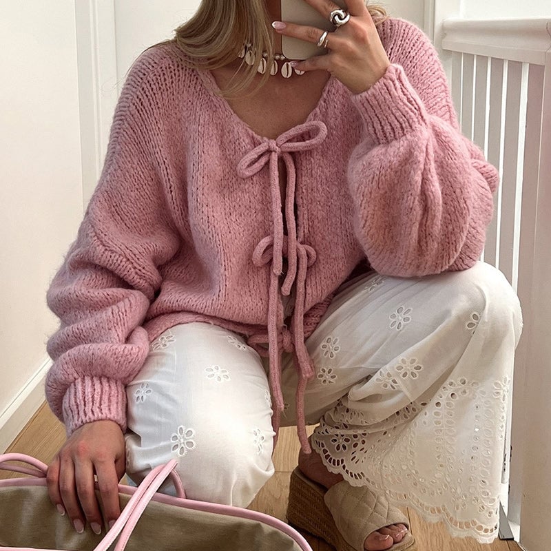 Women's Solid Color Tie Neck Drop Shoulder Cardigan