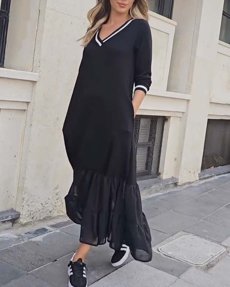 V-Neck Long-Sleeved Mesh Patchwork Dress