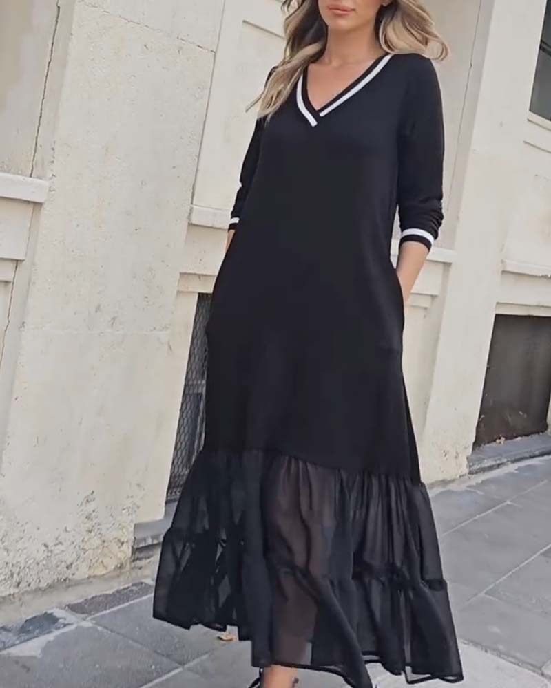 V-Neck Long-Sleeved Mesh Patchwork Dress