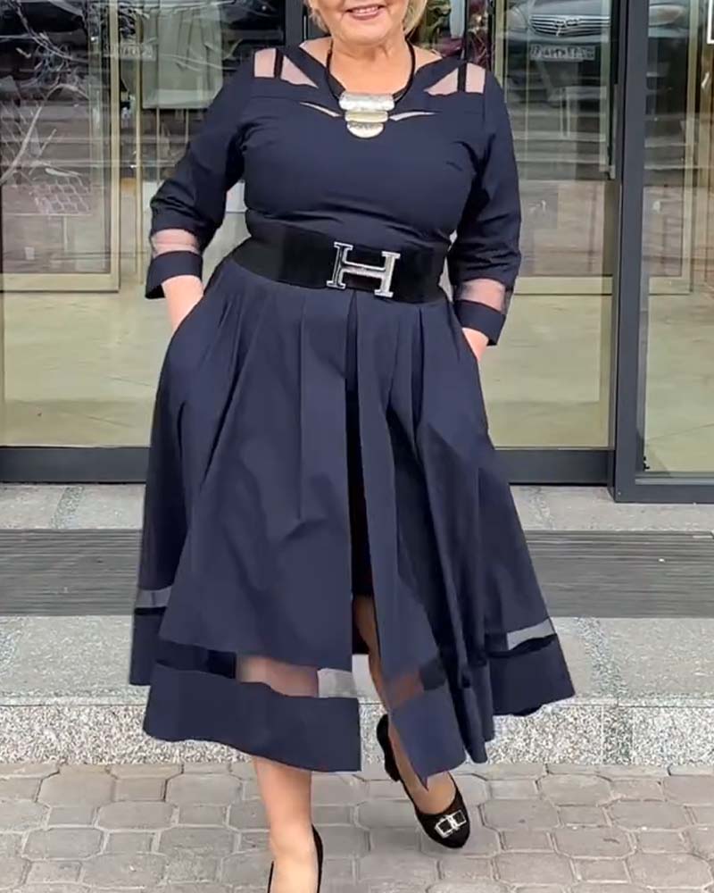 Mesh Round Neck Patchwork Slit Dress