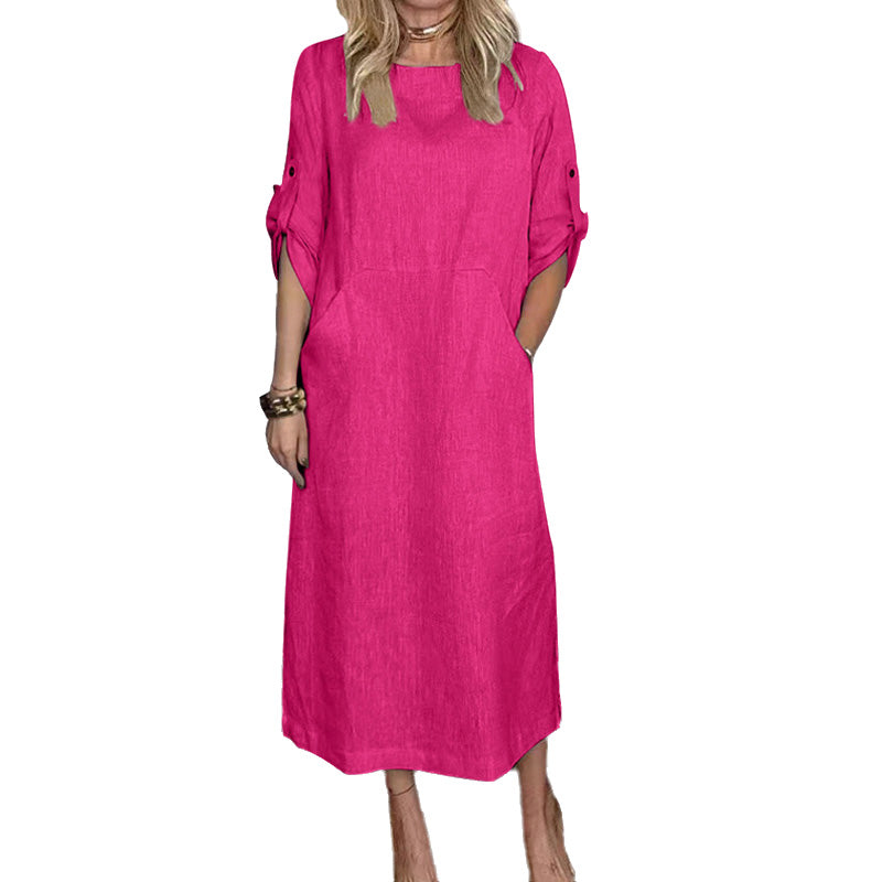 Women's Cotton and Linen Solid Color Loose Dresses
