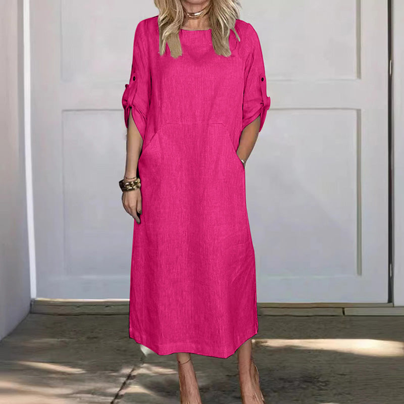 Women's Cotton and Linen Solid Color Loose Dresses