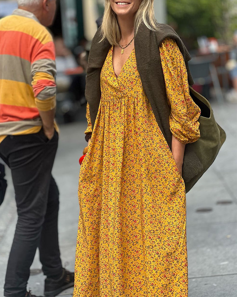 V-Neck Long-Sleeved Floral Dress