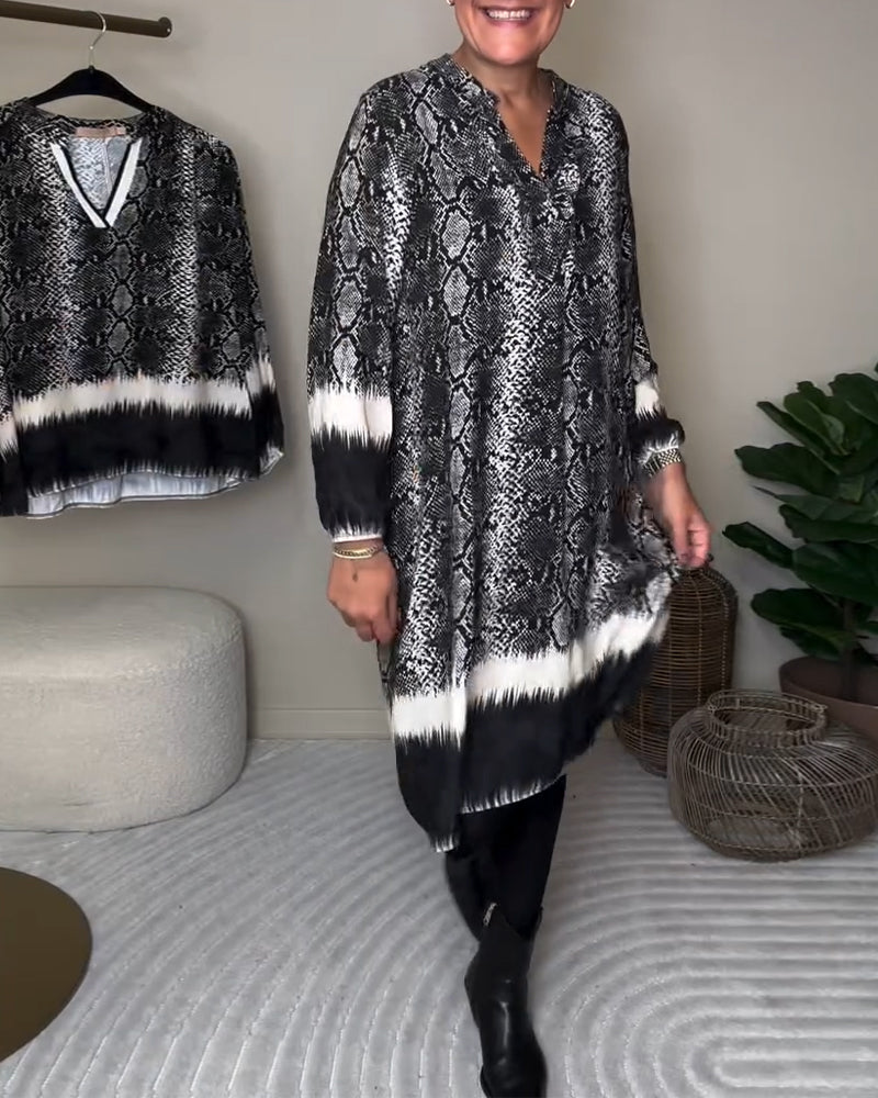 V-Neck Snake Print Color Block Dress
