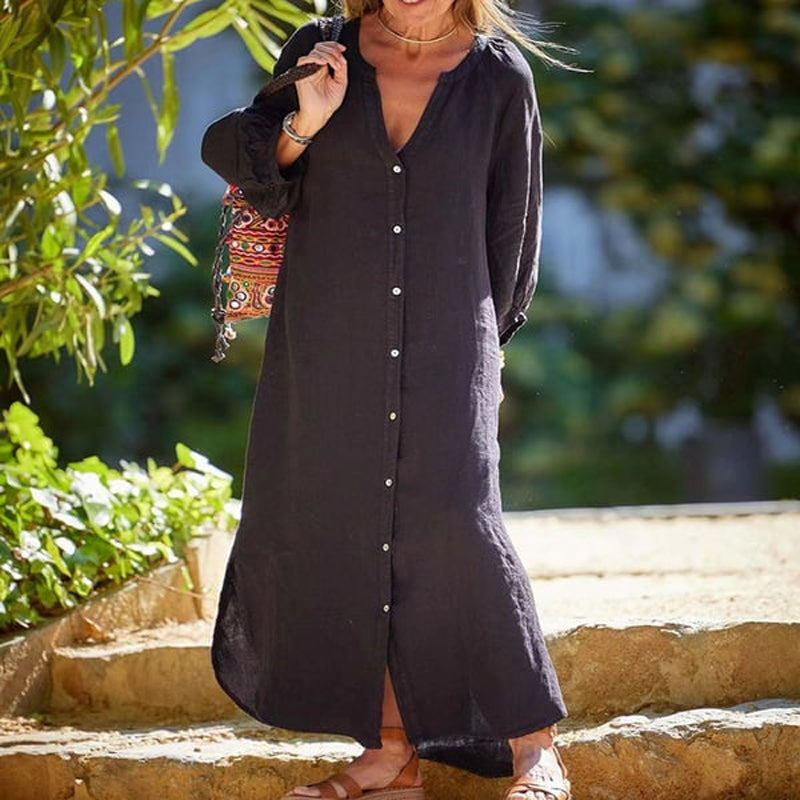 Women's Minimalist Cotton Linen V-neck Long Dress