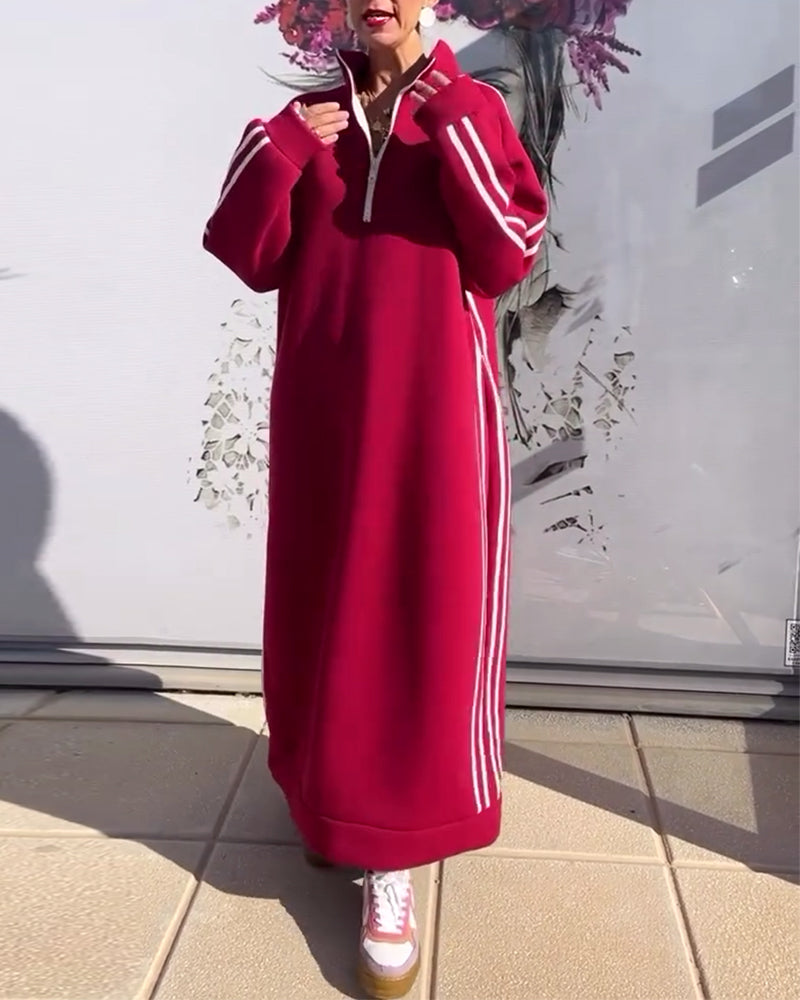 Casual striped stand collar zipper pocket loose dress