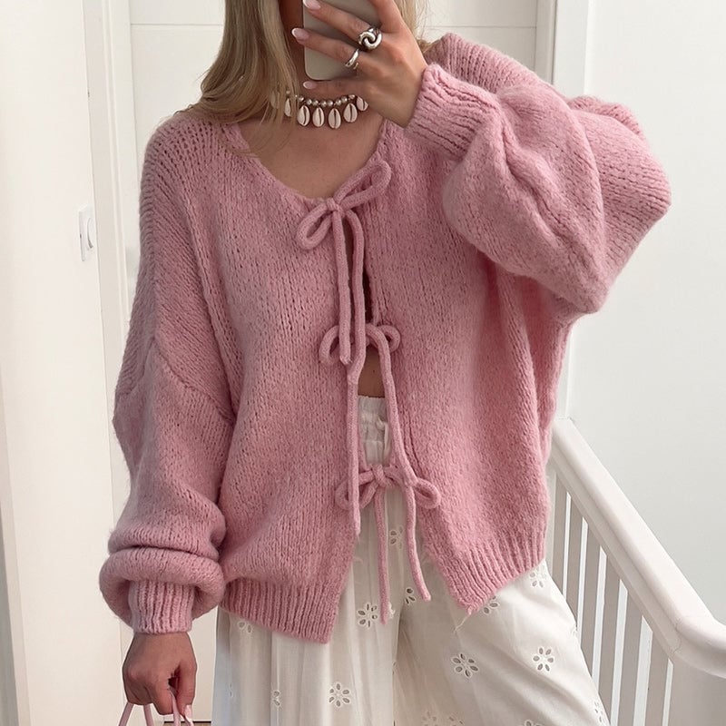 Women's Solid Color Tie Neck Drop Shoulder Cardigan