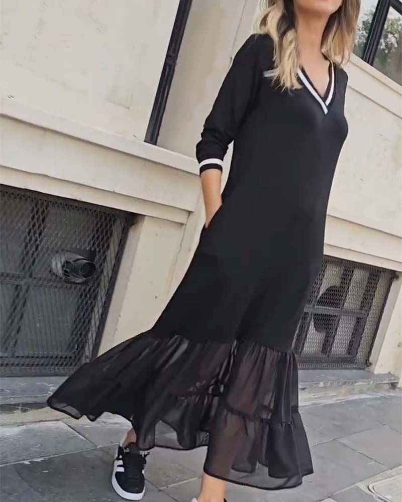 V-Neck Long-Sleeved Mesh Patchwork Dress
