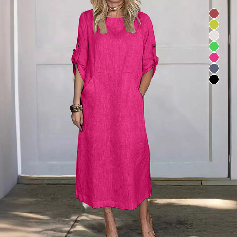 Women's Cotton and Linen Solid Color Loose Dresses