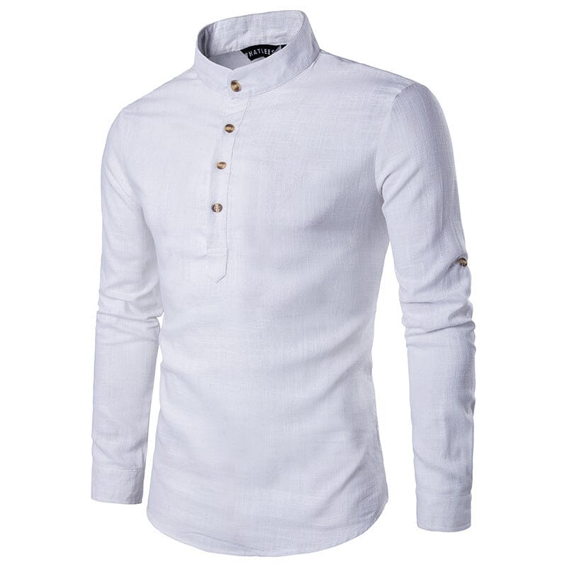 Casual Fashionable Solid Color Long Sleeve Linen Shirt With Stand Collar