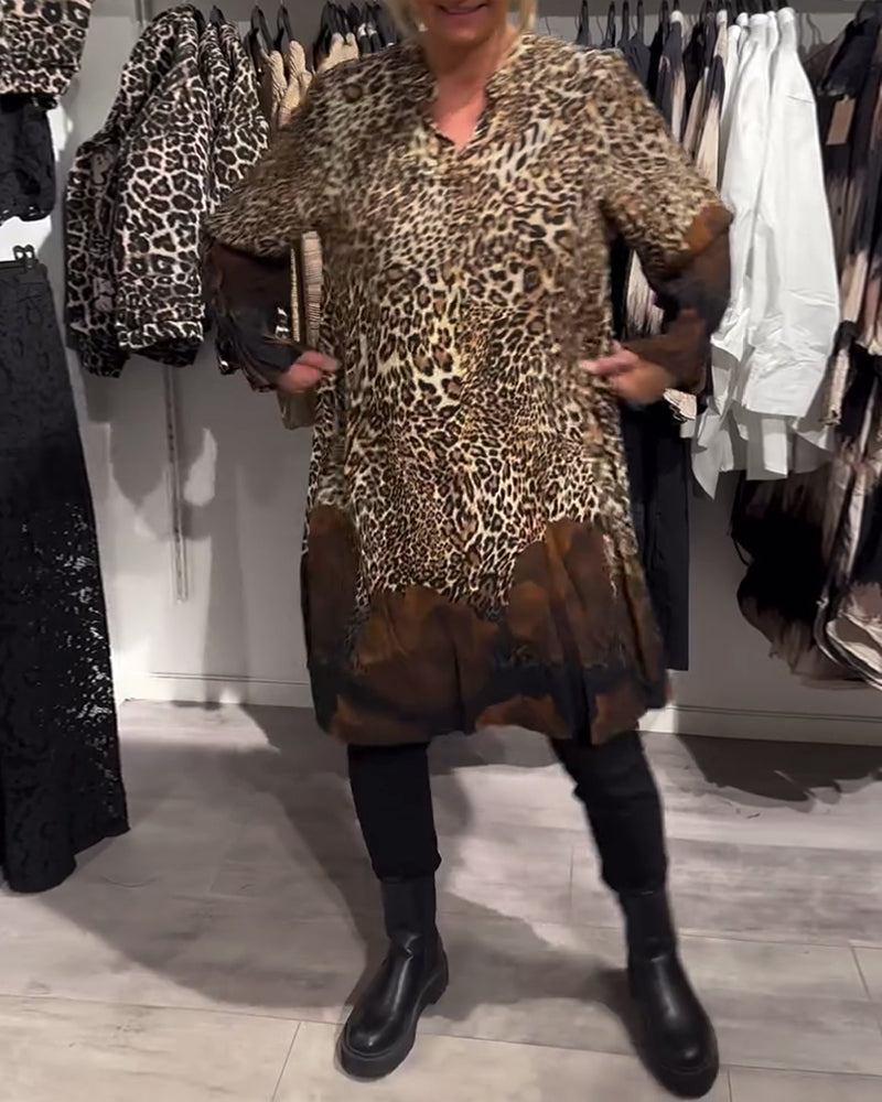 Stand Collar Leopard Print Colorblock Dress