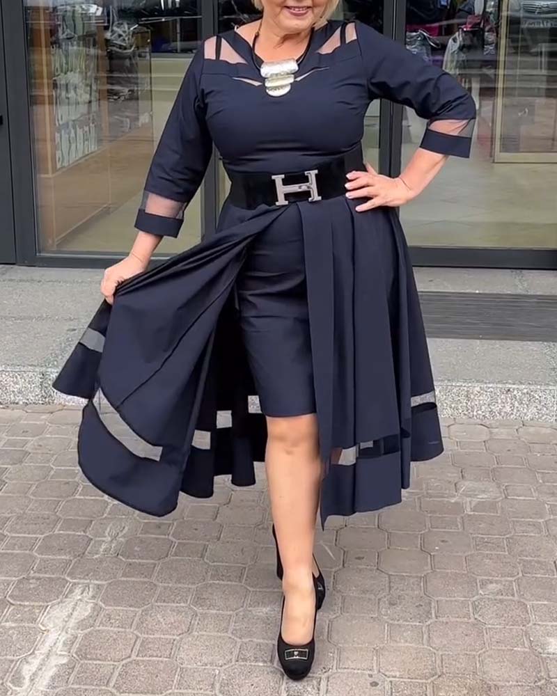 Mesh Round Neck Patchwork Slit Dress