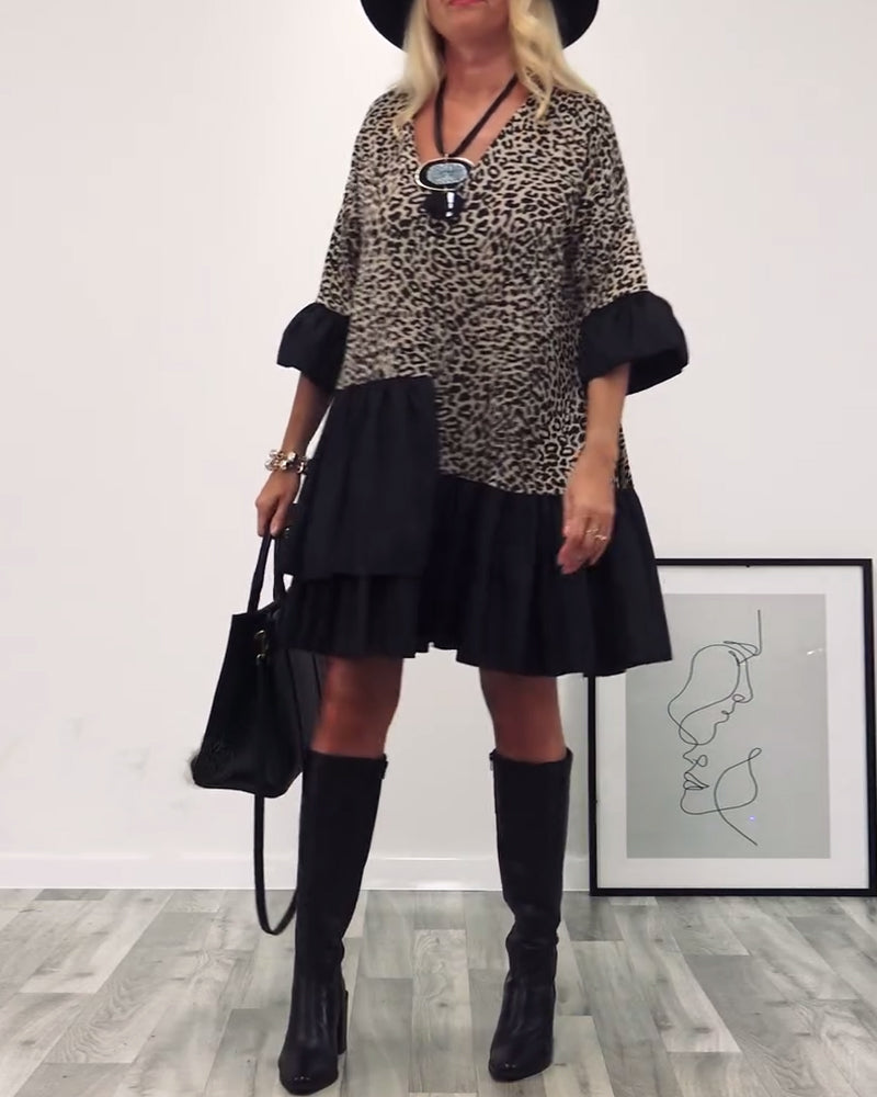 Leopard print ruffled casual dress