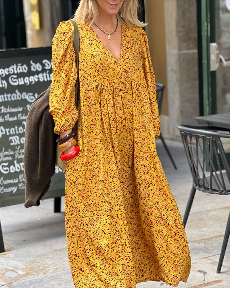 V-Neck Long-Sleeved Floral Dress