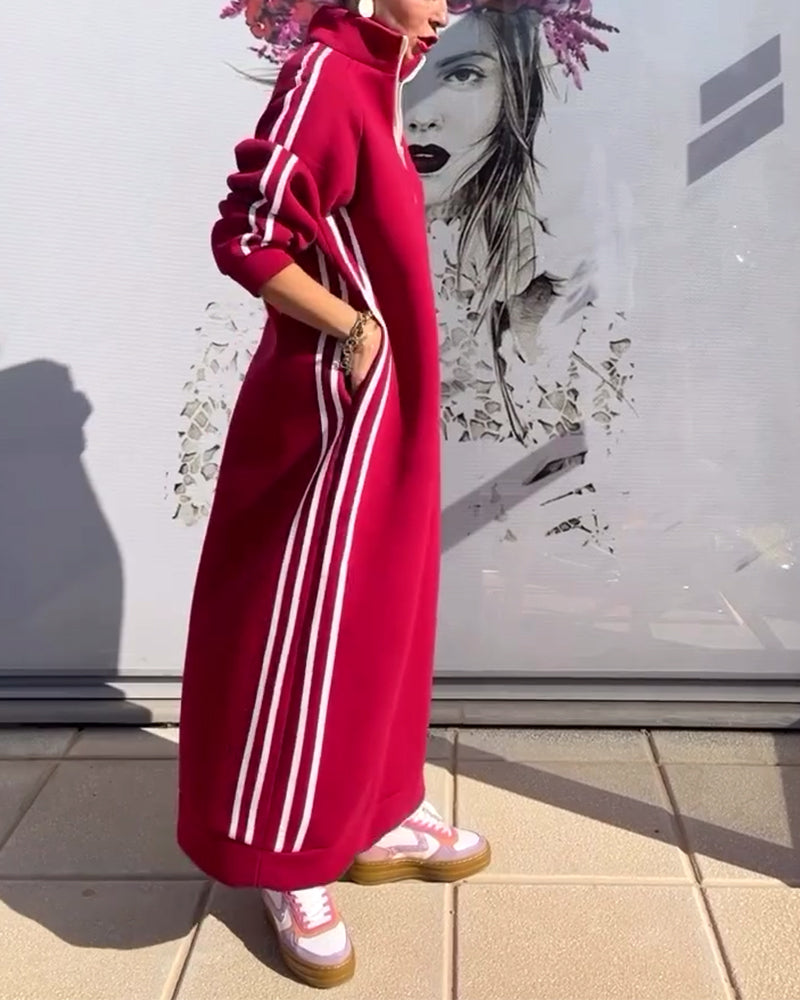 Casual striped stand collar zipper pocket loose dress