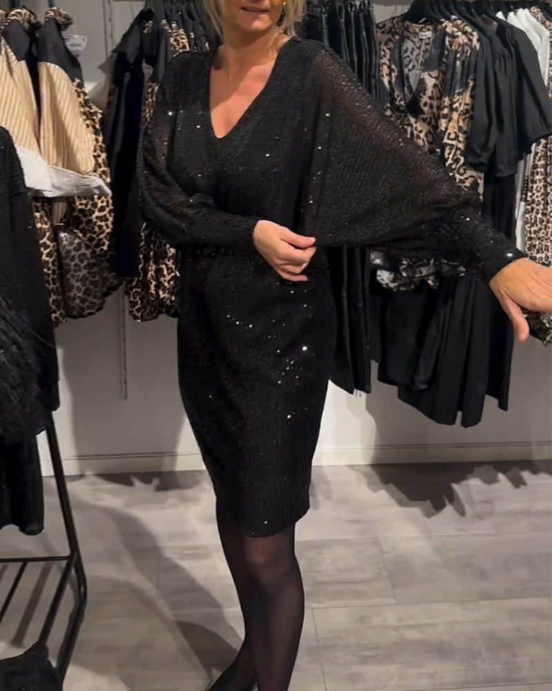 V-neck bat sleeve sequined shift dress