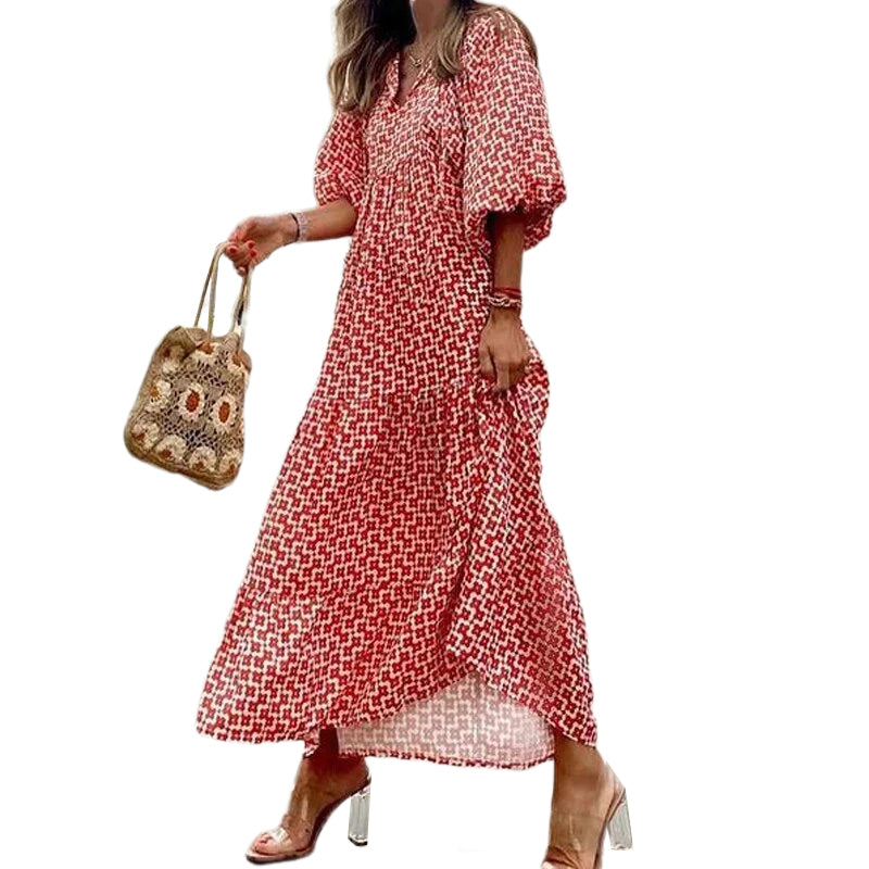 Geometric Print Puff Sleeve Dress