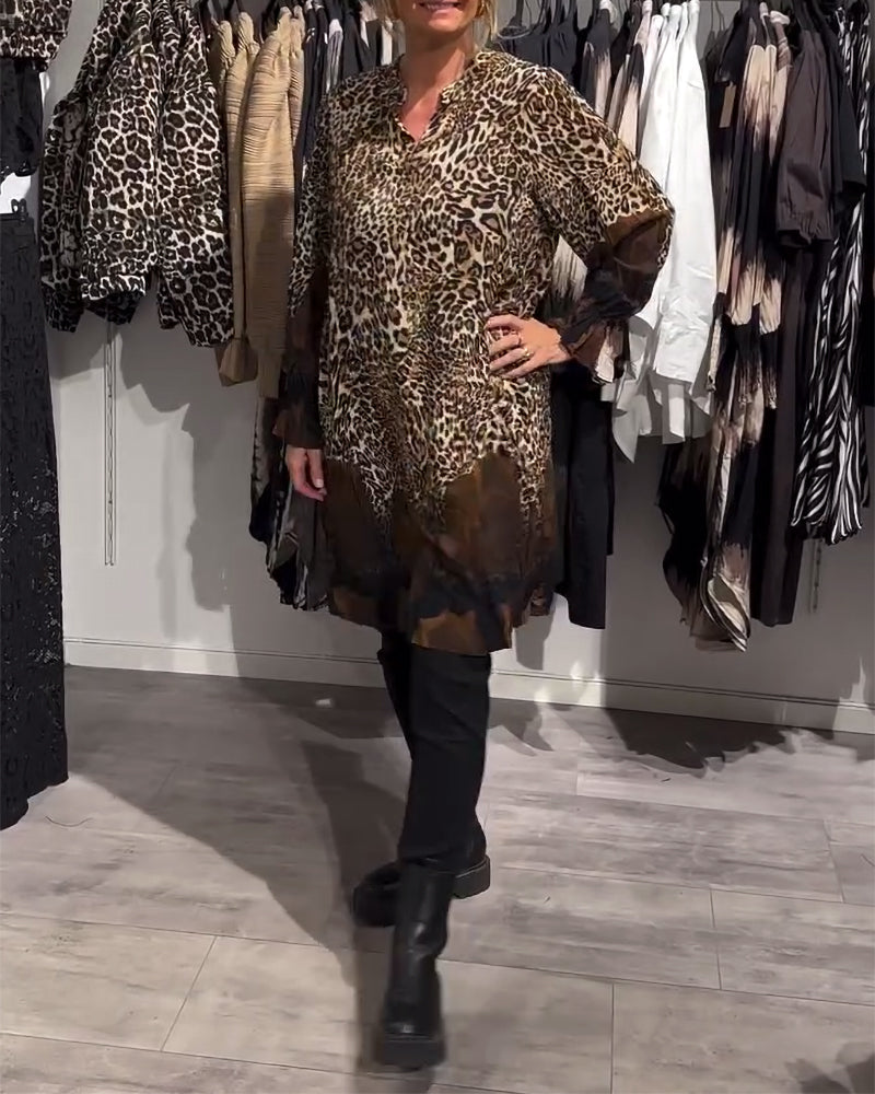 Stand Collar Leopard Print Colorblock Dress