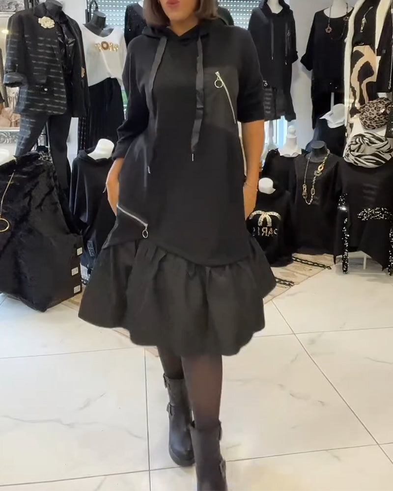 Ruffled patchwork hooded sweatshirt dress