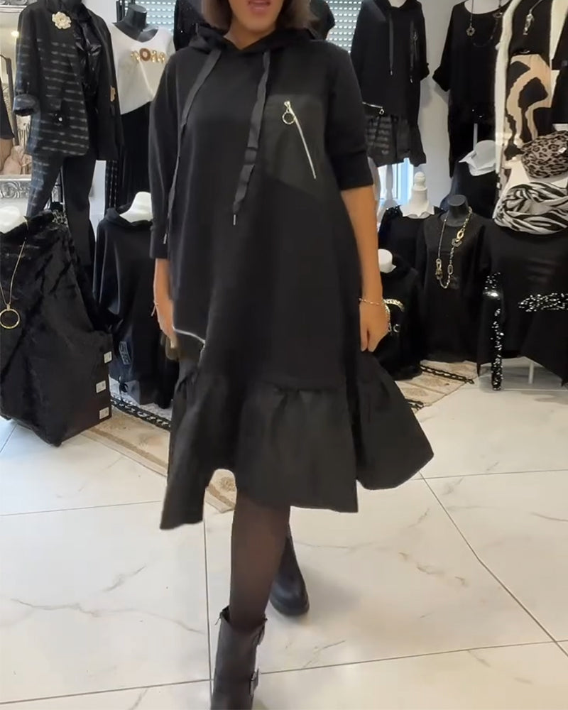Ruffled patchwork hooded sweatshirt dress