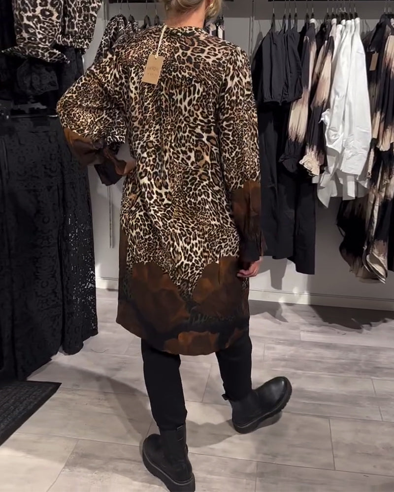 Stand Collar Leopard Print Colorblock Dress