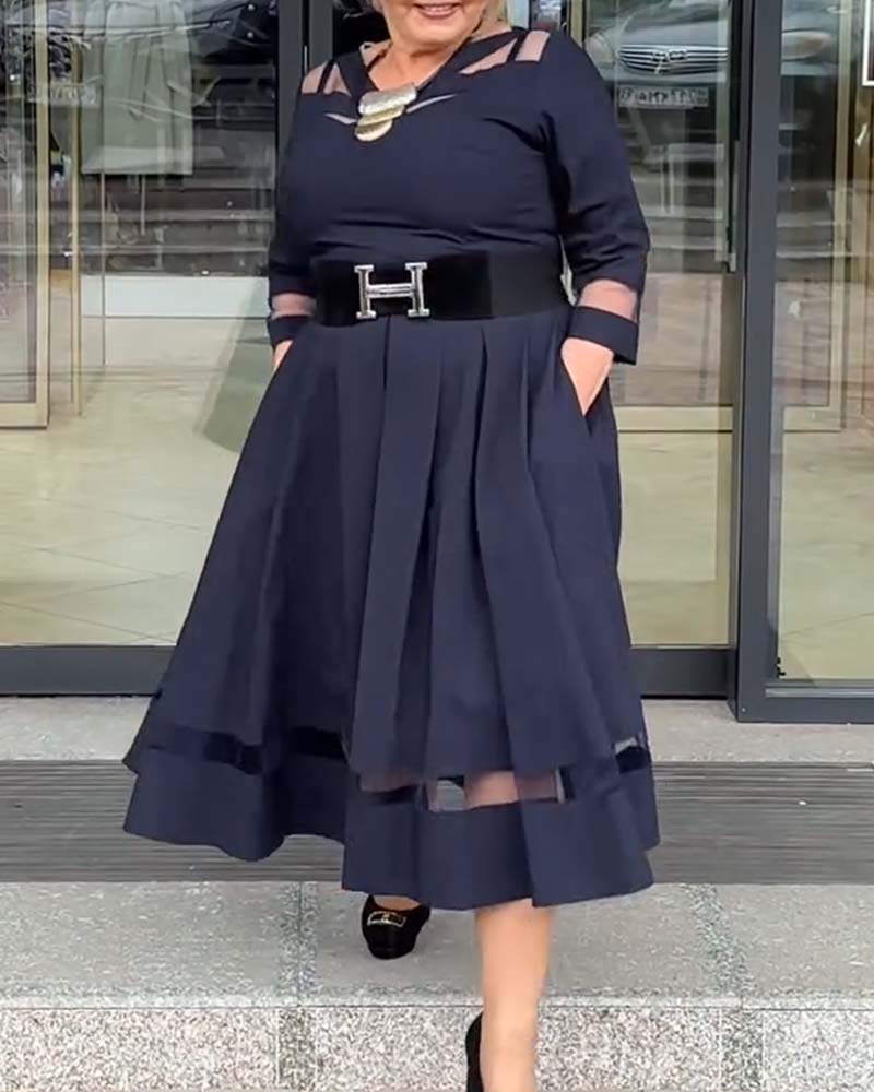 Mesh Round Neck Patchwork Slit Dress