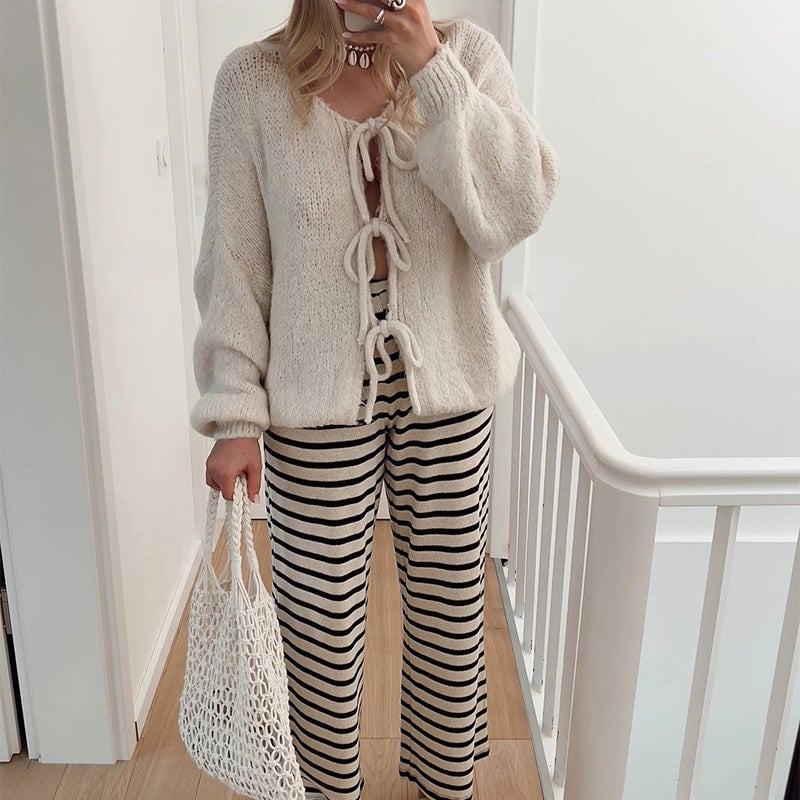 Women's Solid Color Tie Neck Drop Shoulder Cardigan