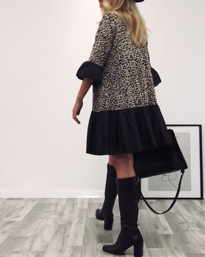 Leopard print ruffled casual dress