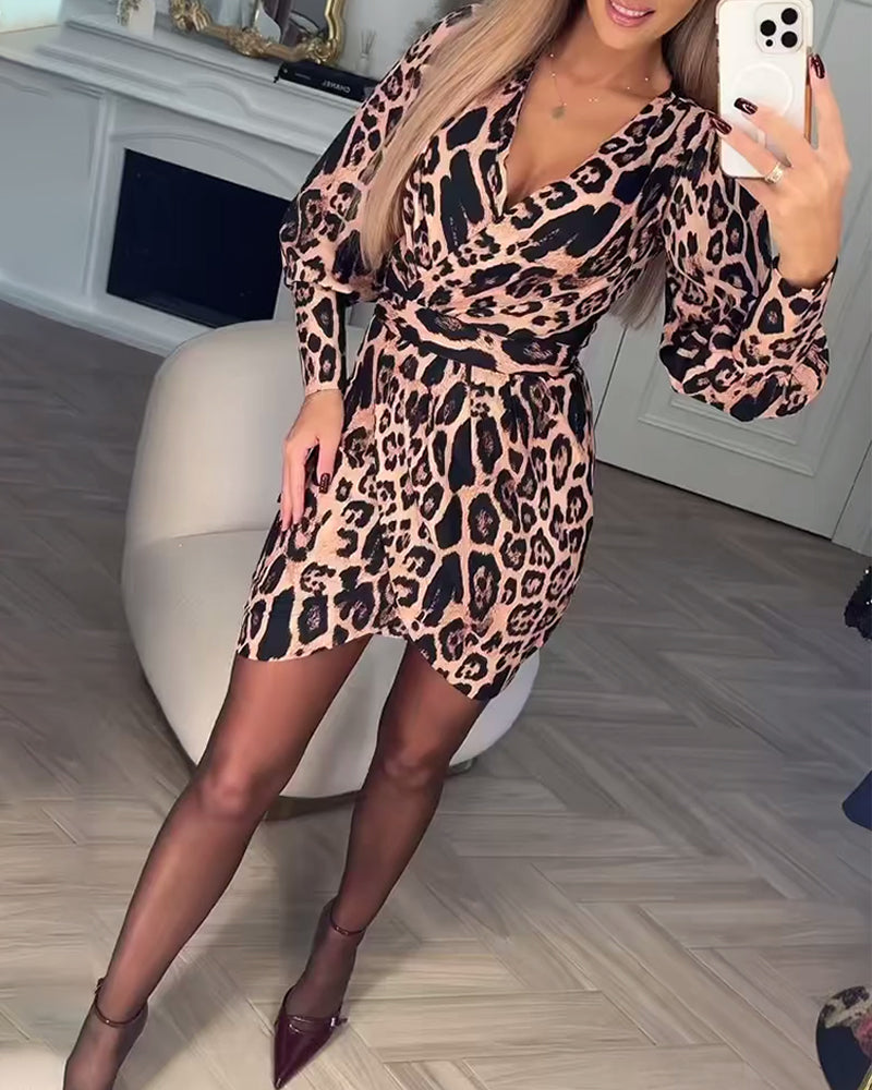 Deep V Printed Slit Dress