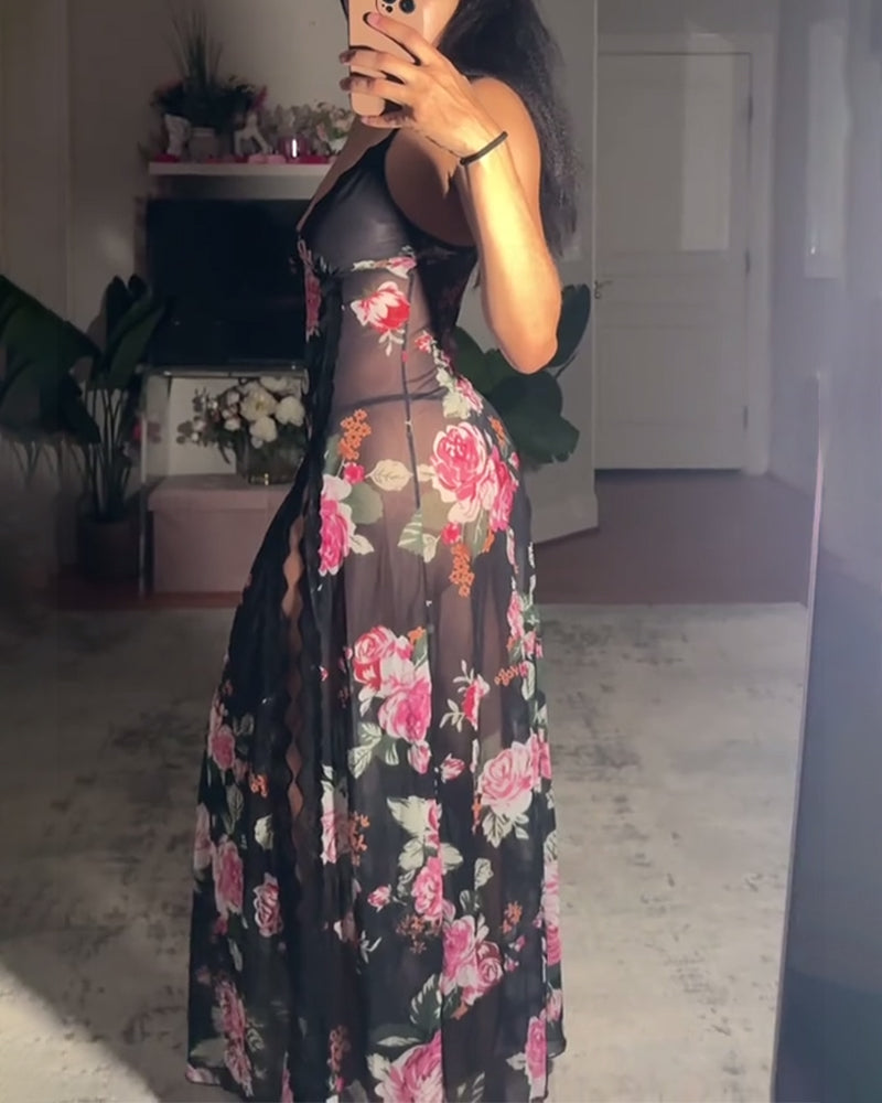 Sexy lace rose print slit dress