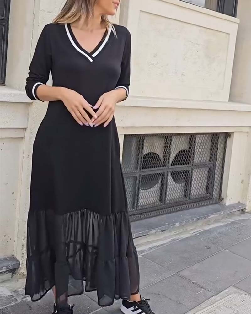 V-Neck Long-Sleeved Mesh Patchwork Dress